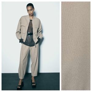 NWOT. Zara Beige Bomber Jacket with Patch Pockets. Size S.